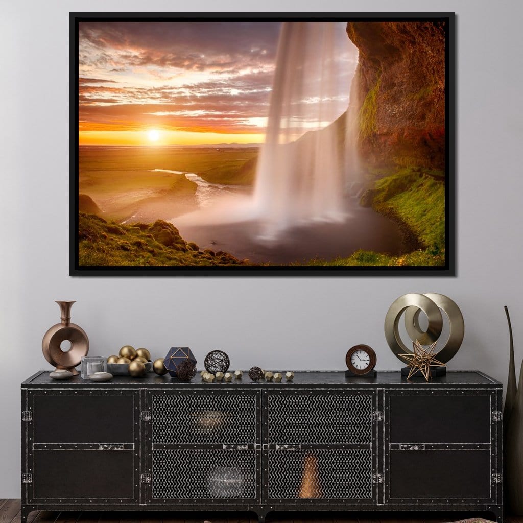 Sunset over Seljalandsfoss Waterfall Canvas Wall Art