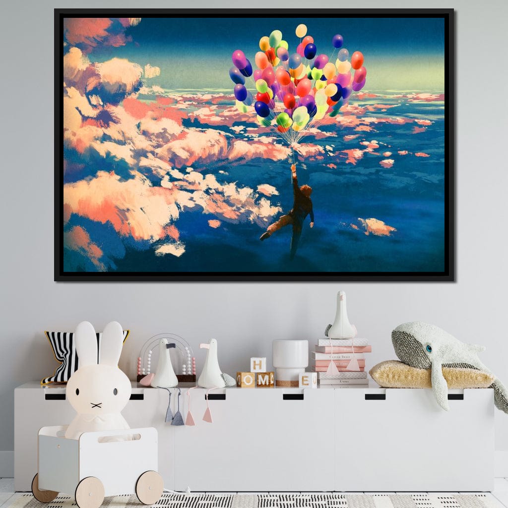 Flying with Colorful Balloons Canvas Wall Art