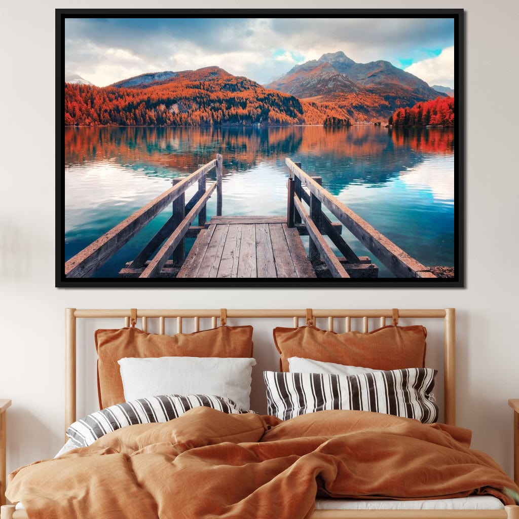 Wooden Pier on Autumn lake Sils Canvas Wall Art