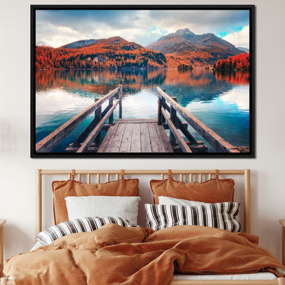 Wooden Pier on Autumn lake Sils Canvas Wall Art