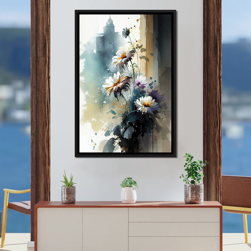 White & Teal Watercolor Flowers Canvas Wall Art