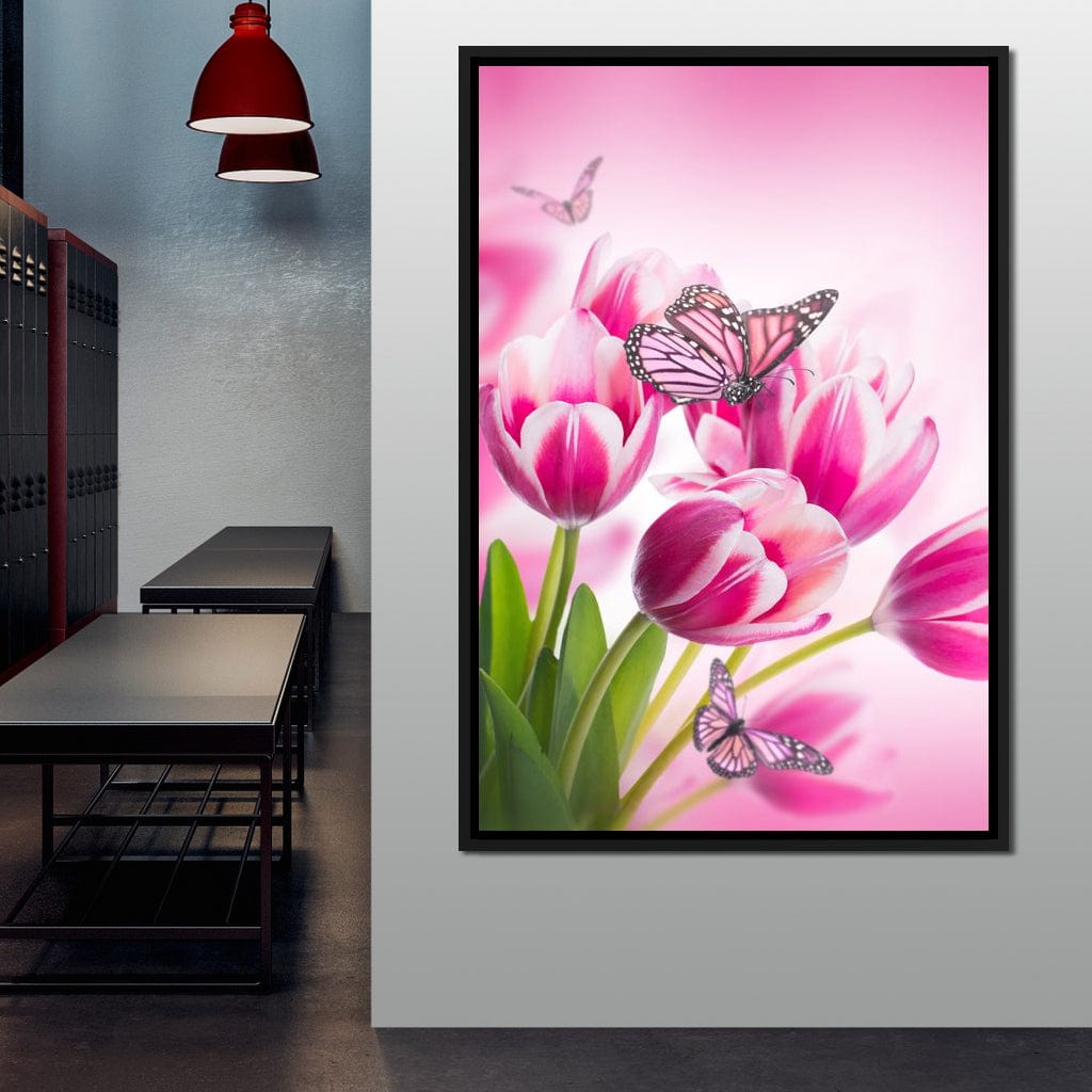 Bouquet of Pink Tulips & Butterflies Canvas Wall Art