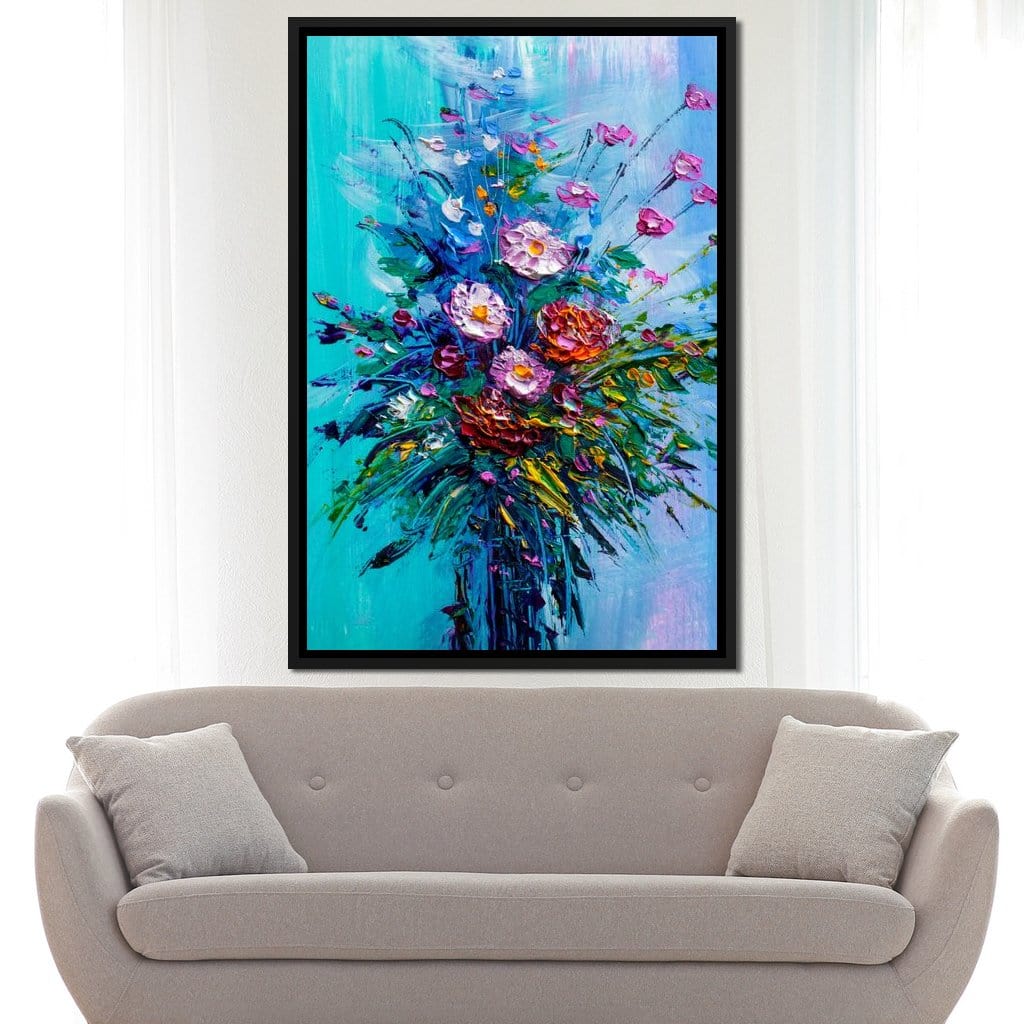 Bouquet of Flowers on Blue Background Canvas Wall Art