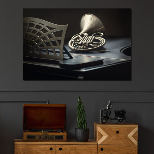 French Horn on the Grand Piano Canvas Wall Art