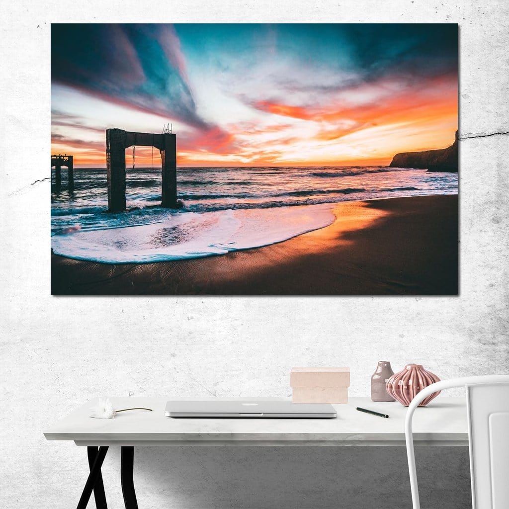 Beach Sunset Old Pier Canvas Wall Art