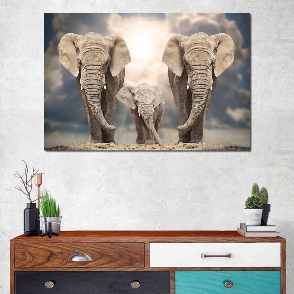 Elephant Family Under the Sun Canvas Wall Art