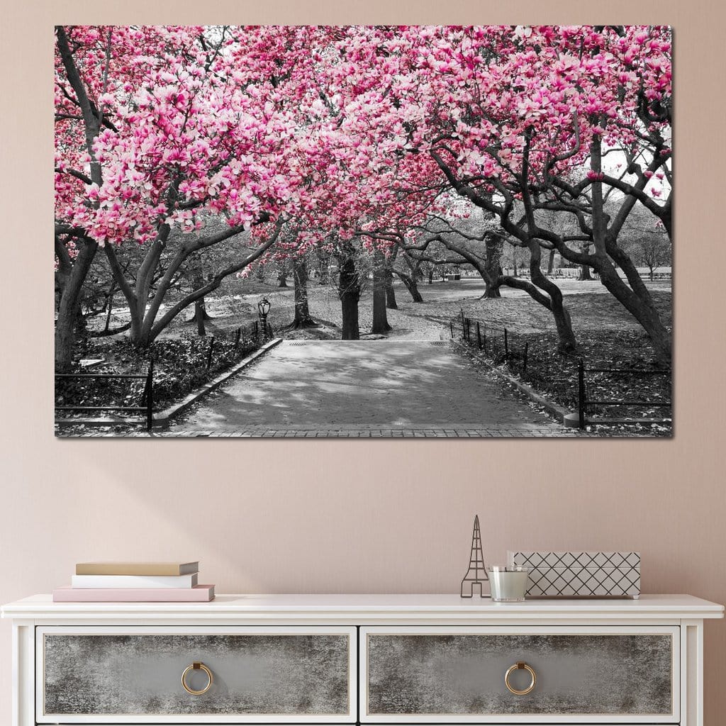 Pink Blossoms in Black and White Canvas Wall Art