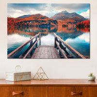Wooden Pier on Autumn lake Sils Canvas Wall Art