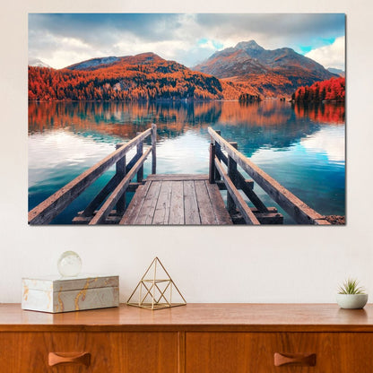 Wooden Pier on Autumn lake Sils Canvas Wall Art