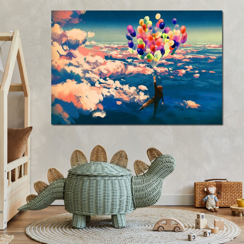 Flying with Colorful Balloons Canvas Wall Art