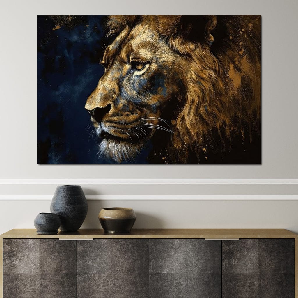 Golden Lion on Blue Background Canvas Wall Art