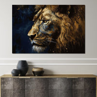 Golden Lion on Blue Background Canvas Wall Art