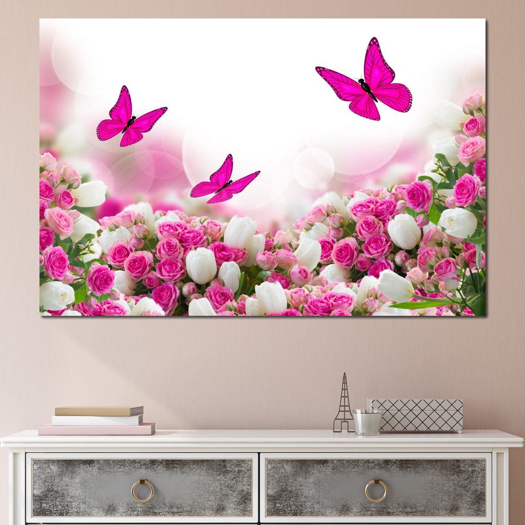 Pink Roses & Butterflies Canvas Wall Art