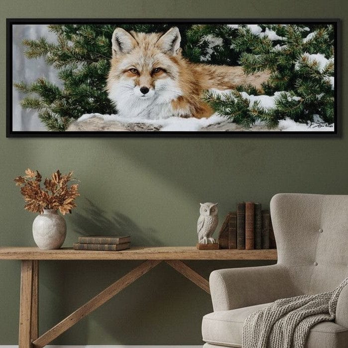 Winter Fox Under Pine Boughs Canvas Wall Art