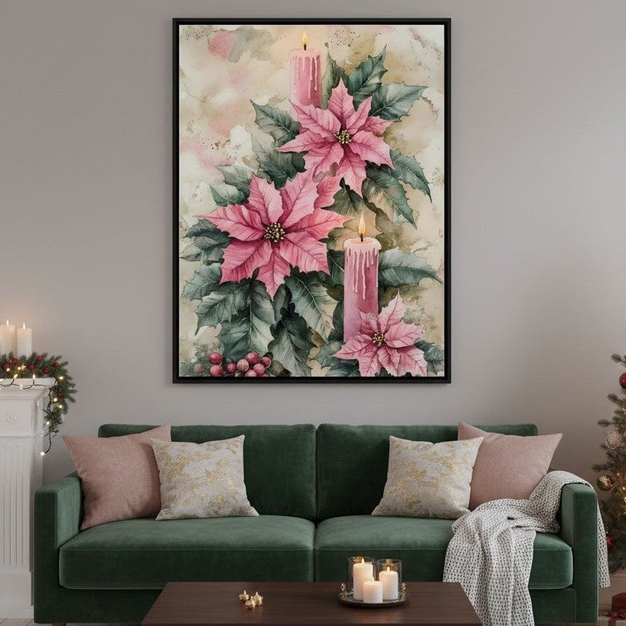Festive Poinsettia Candle Glow Canvas Wall Art