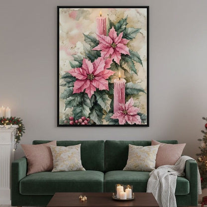 Festive Poinsettia Candle Glow Canvas Wall Art