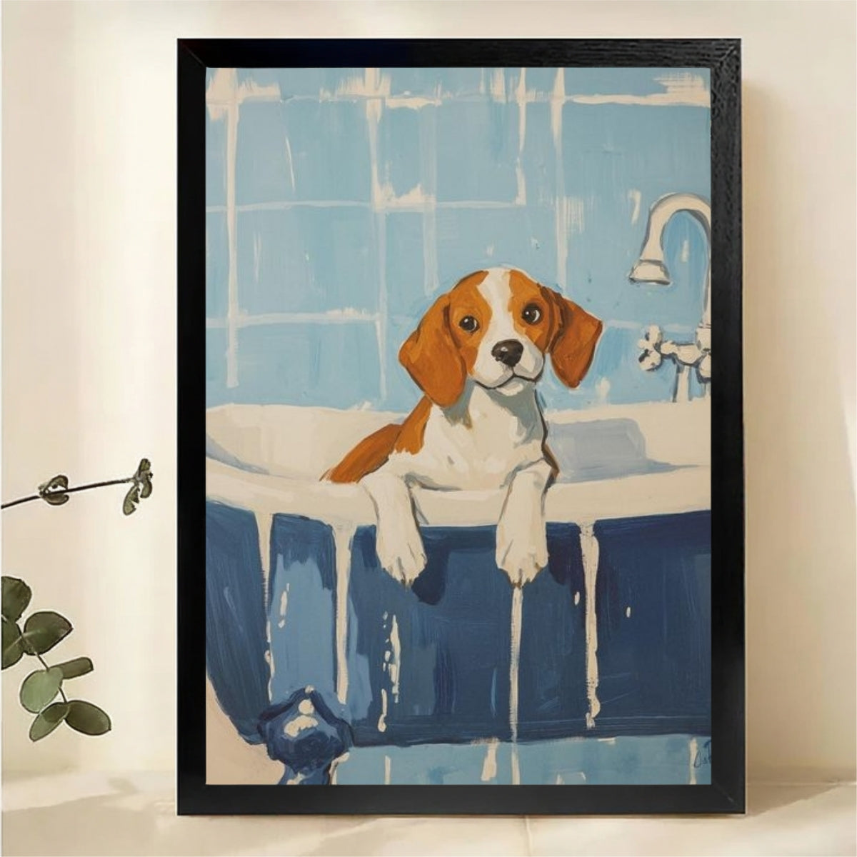 Beagle in Bathtub Wall Art - Cute Dog Bath Time Illustrated Canvas Print