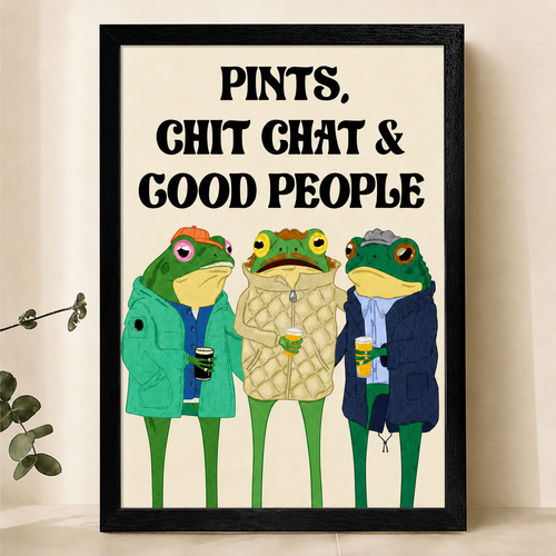 Pints, Chit Chat & Good People Frogs Wall Art – Funny Quote Canvas Print on Natural Wood Frame