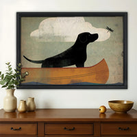 Black Lab in Canoe Wall Art - Vintage Dog Adventure Print