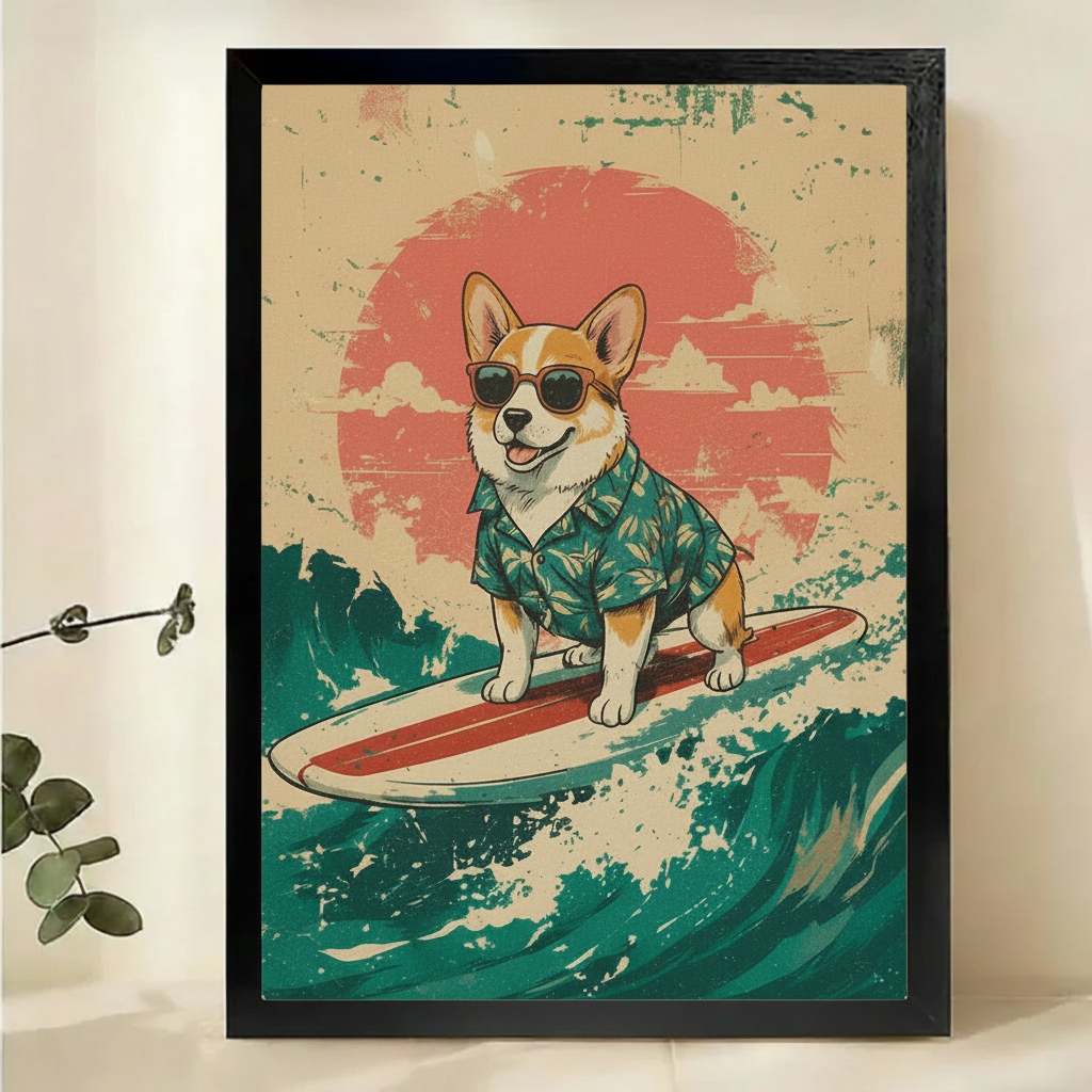 Surfing Corgi Wall Art – Retro Vintage Dog Canvas Print on Natural Wood Frame