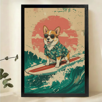 Surfing Corgi Wall Art – Retro Vintage Dog Canvas Print on Natural Wood Frame