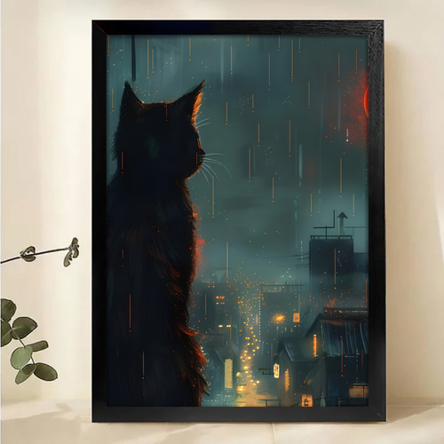 Cat Silhouette in Rainy City Night Art - Moody Urban Wall Decor Canvas Wall Art