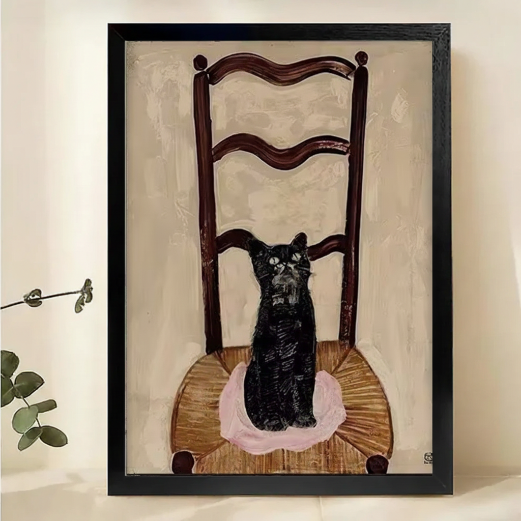 Black Cat on Antique Chair Wall Art – Moody French Oil Painting Canvas Print on Natural Wood Frame