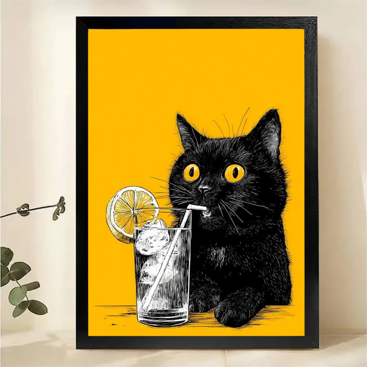 Black Cat Drinking Lemonade Wall Art - Funny Yellow Canvas Print