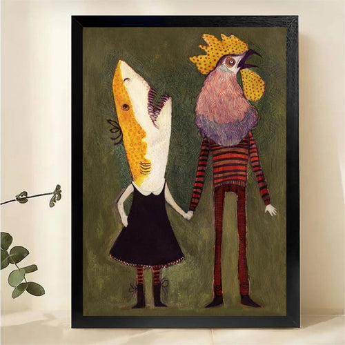 Fish and Rooster Couple Wall Art - Whimsical Surreal Print