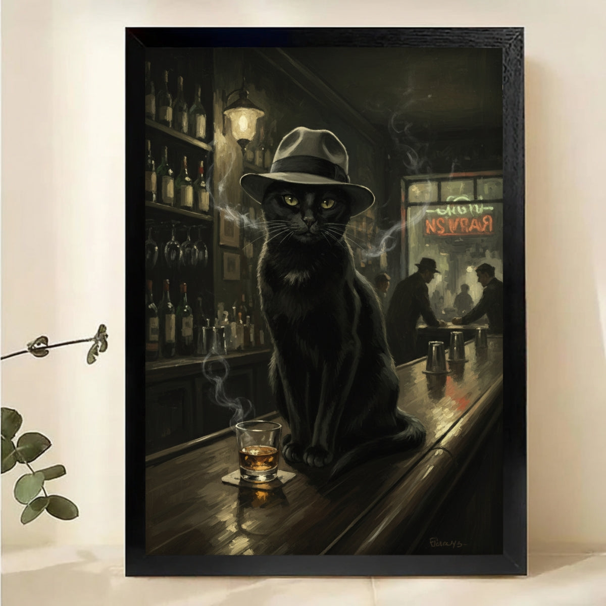 Black Cat in Fedora at Speakeasy - Noir Bar Art Print Canvas Wall Art