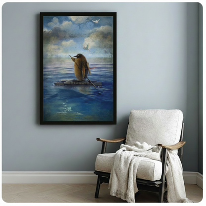 Penguin on Raft Surreal Ocean Canvas Wall Art