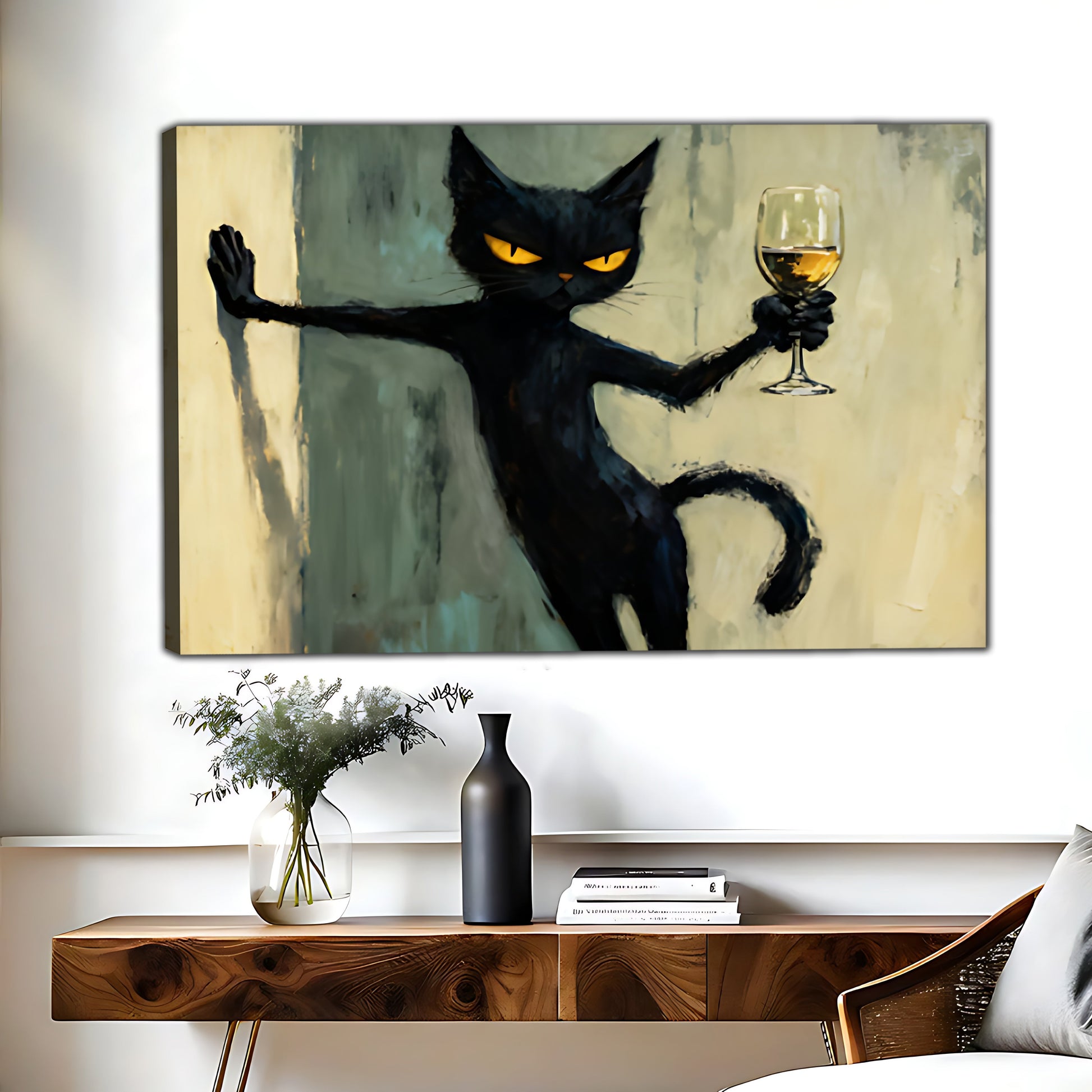 The Celebratory Black Cat – Joyful Cat Wall Art on Natural Wood Grain Canvas