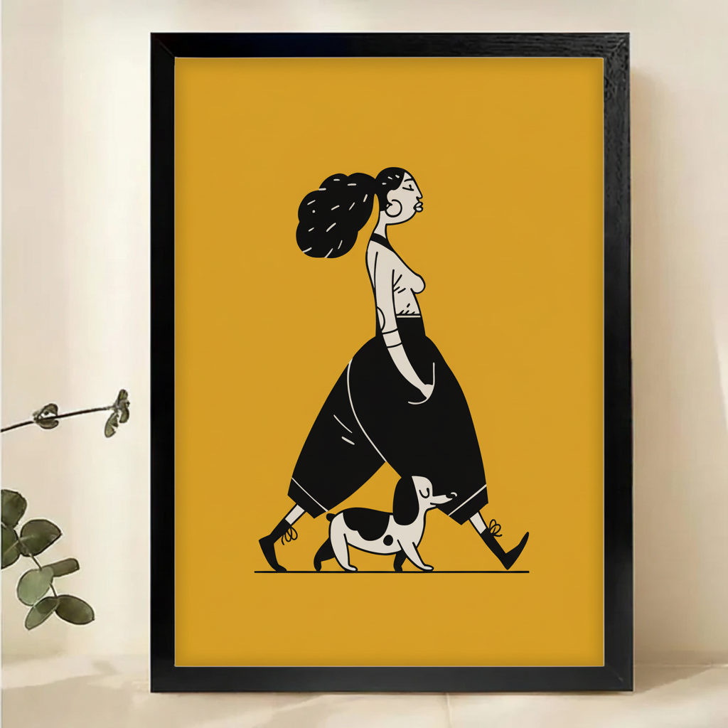Stylish Woman Walking Her Dog Wall Art – Bold Graphic Illustration Canvas Print on Natural Wood Frame