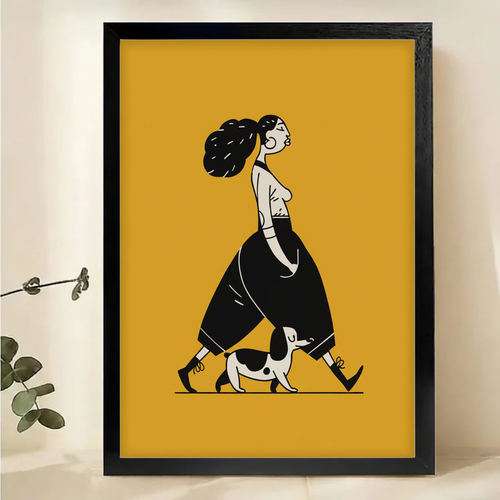 Stylish Woman Walking Her Dog Wall Art – Bold Graphic Illustration Canvas Print on Natural Wood Frame