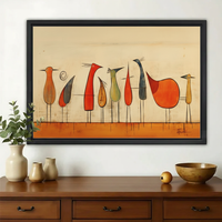 Abstract Birds on a Line Wall Art – Mid-Century Modern Canvas Print on Natural Wood Frame