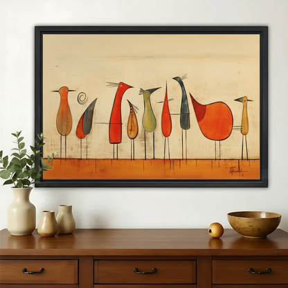 Abstract Birds on a Line Wall Art – Mid-Century Modern Canvas Print on Natural Wood Frame