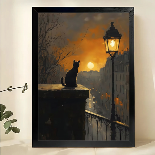 Black Cat by Lantern at Night Wall Art – Atmospheric Evening Cat Canvas Print on Natural Wood Frame