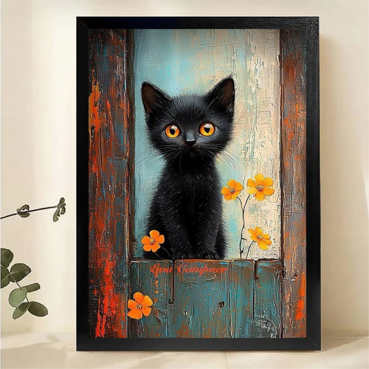 Black Kitten in Rustic Window with Orange Flowers Wall Art - Textured Oil Painting Canvas Print