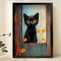 Black Kitten in Rustic Window with Orange Flowers Wall Art - Textured Oil Painting Canvas Print