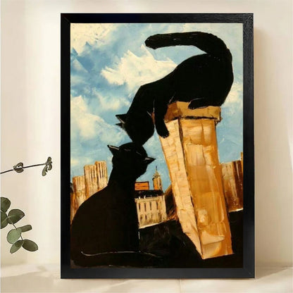 Two Black Cats Meeting on City Rooftop Wall Art - Romantic Textured Oil Painting Canvas Print