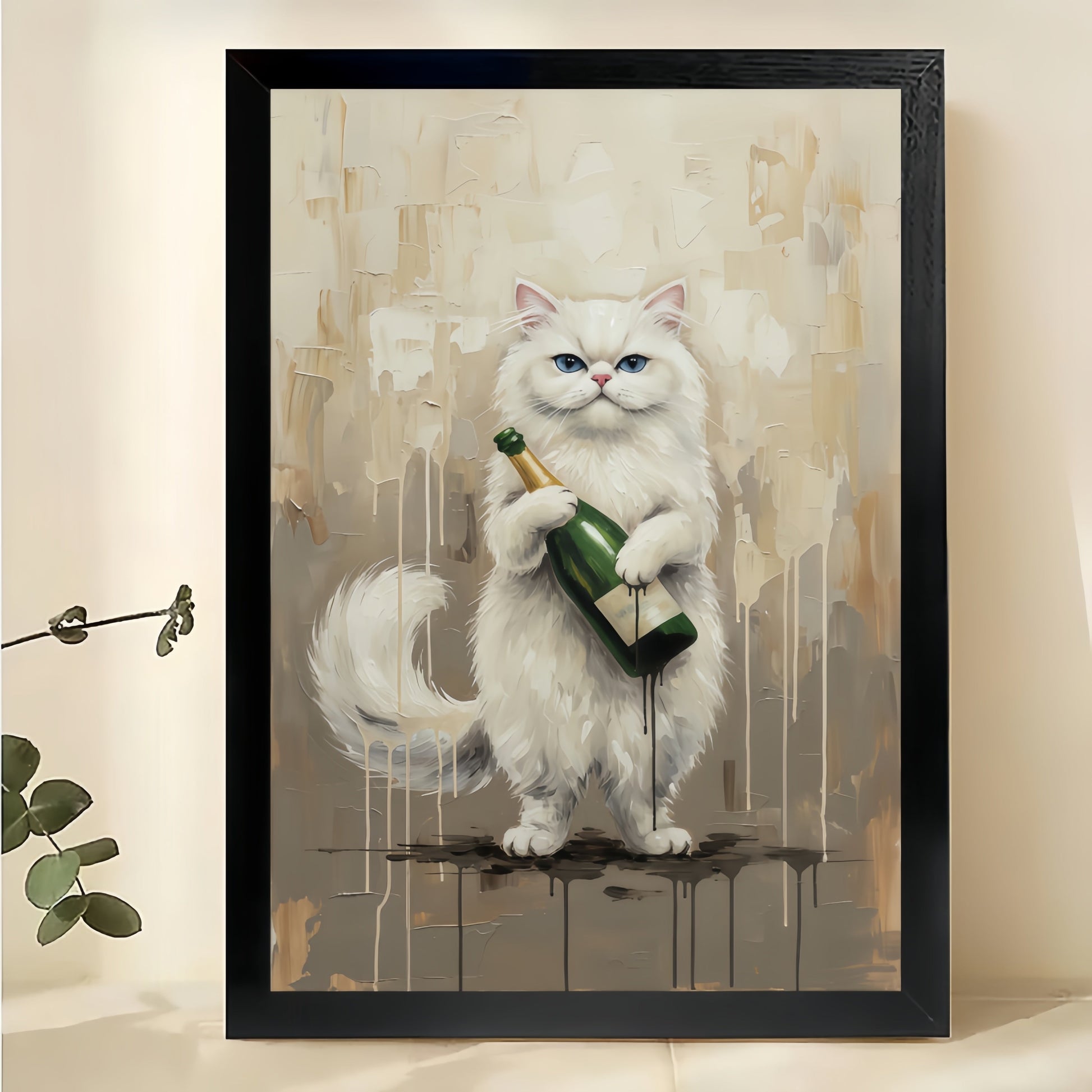 The Champagne-Toting White Cat – Artistic Luxe Wall Art on Natural Wood Canvas