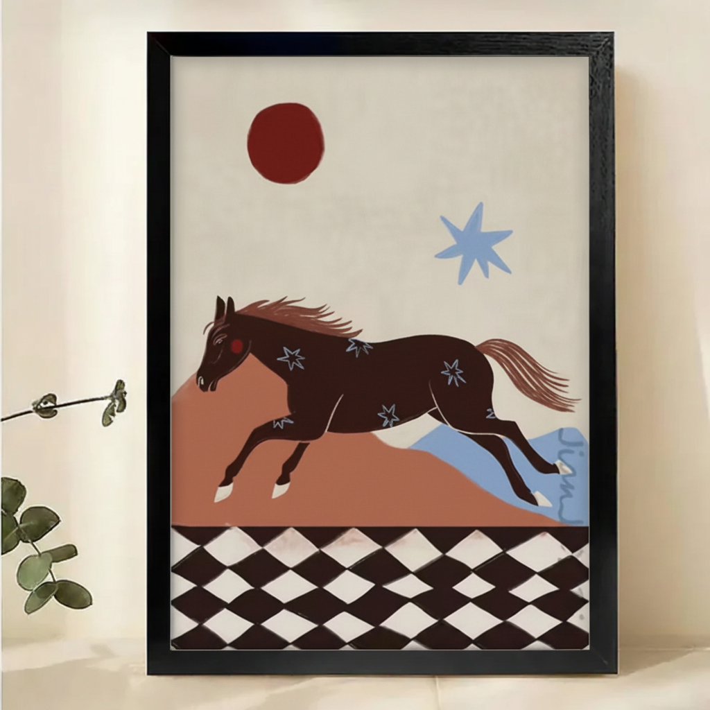 Star-Marked Horse at Full Gallop Wall Art – Bold Folk Art Canvas Print on Natural Wood Frame
