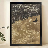 Crow Among Ivy Leaves Wall Art – Japanese Ink Painting Canvas Print on Natural Wood Frame