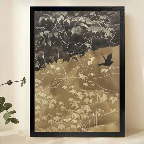 Crow Among Ivy Leaves Wall Art – Japanese Ink Painting Canvas Print on Natural Wood Frame