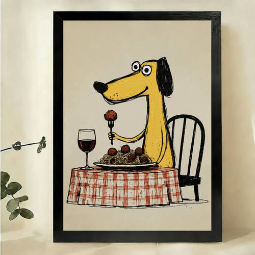 Dog Dining on Spaghetti Wall Art – Whimsical Cartoon Dog Canvas Print on Natural Wood Frame