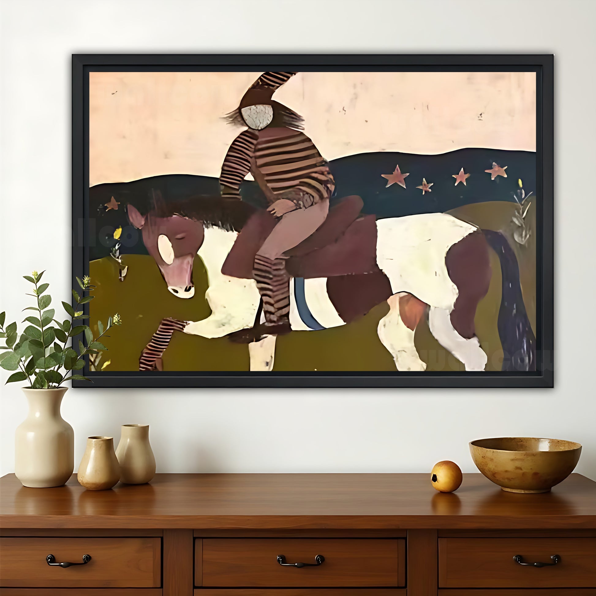 The Bohemian Horse Rider – Abstract Folk Wall Art on Natural Wood Canvas