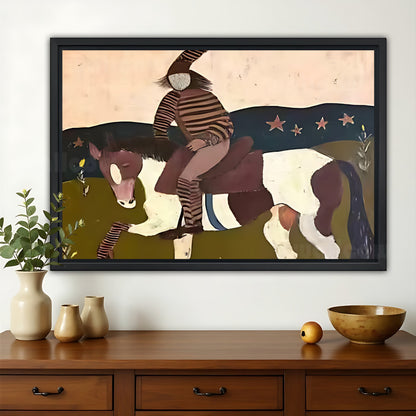 The Bohemian Horse Rider – Abstract Folk Wall Art on Natural Wood Canvas