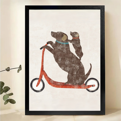 Two Dogs on a Scooter Wall Art – Funny Dog Canvas Print
