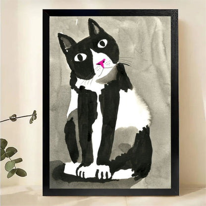 Black and White Cat Wall Art - Minimalist Watercolor Print