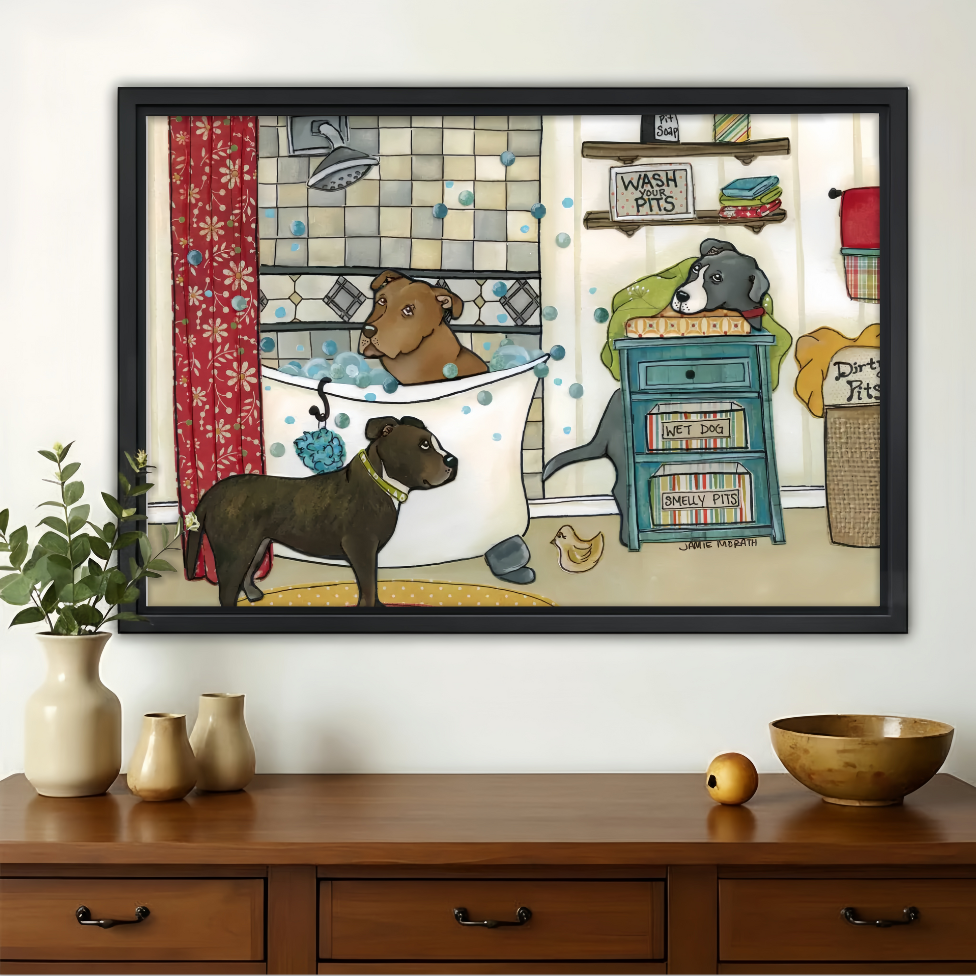 Wash Your Pits Pitbull Bathroom Wall Art - Funny Dog Canvas Print